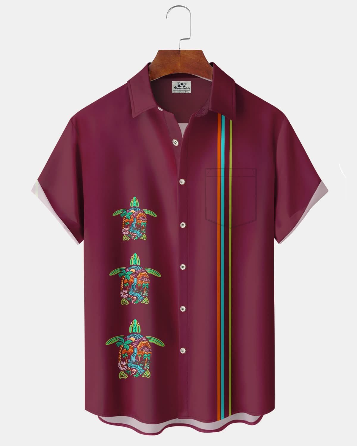 Alohadaddy® Vintage Stripes Turtle Arrangement Art Pocket Elastic Button Men's Short Sleeve Shirt Big & Tall