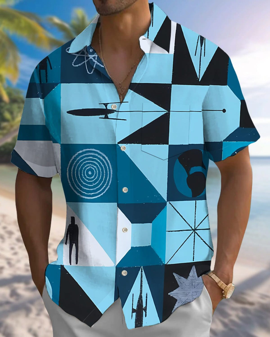 Alohadaddy® Vintage Geometric Art Print Pocket Elastic Button Men&