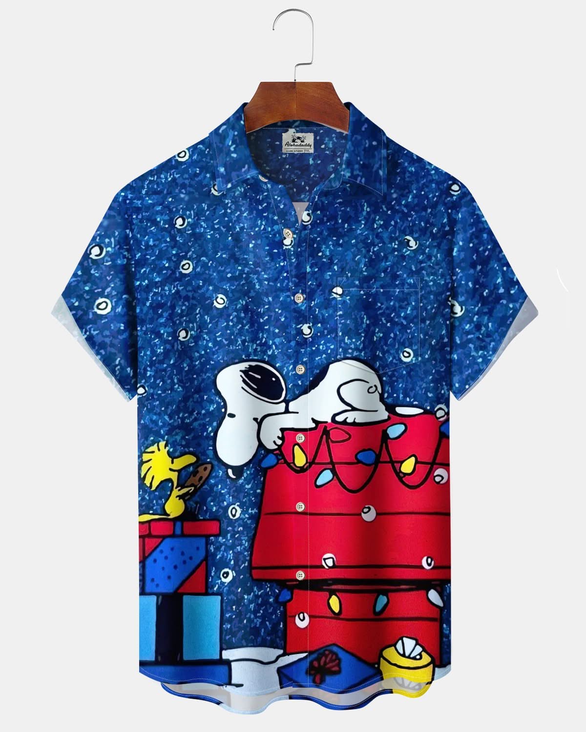 Alohadaddy® Christmas Cartoon Print Art Pocket Button Stretch Men's Short Sleeve Shirt Big & Tall