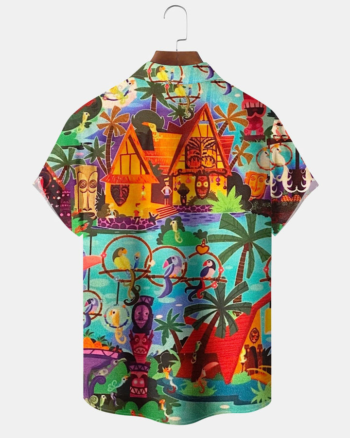 Alohadaddy® Hawaiian Tiki Guitar Print Art Pocket Button-Down Short-Sleeve Shirt for Men Big &amp; Tall