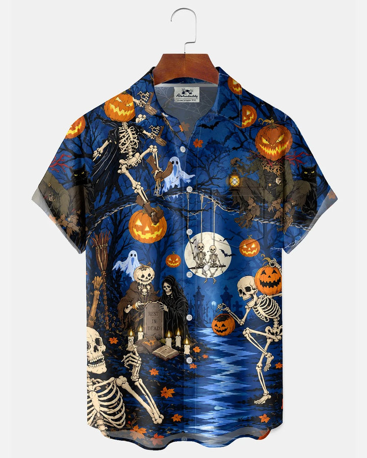 Alohadaddy® Holiday Retro Halloween Skull and Pumpkin Print Men&