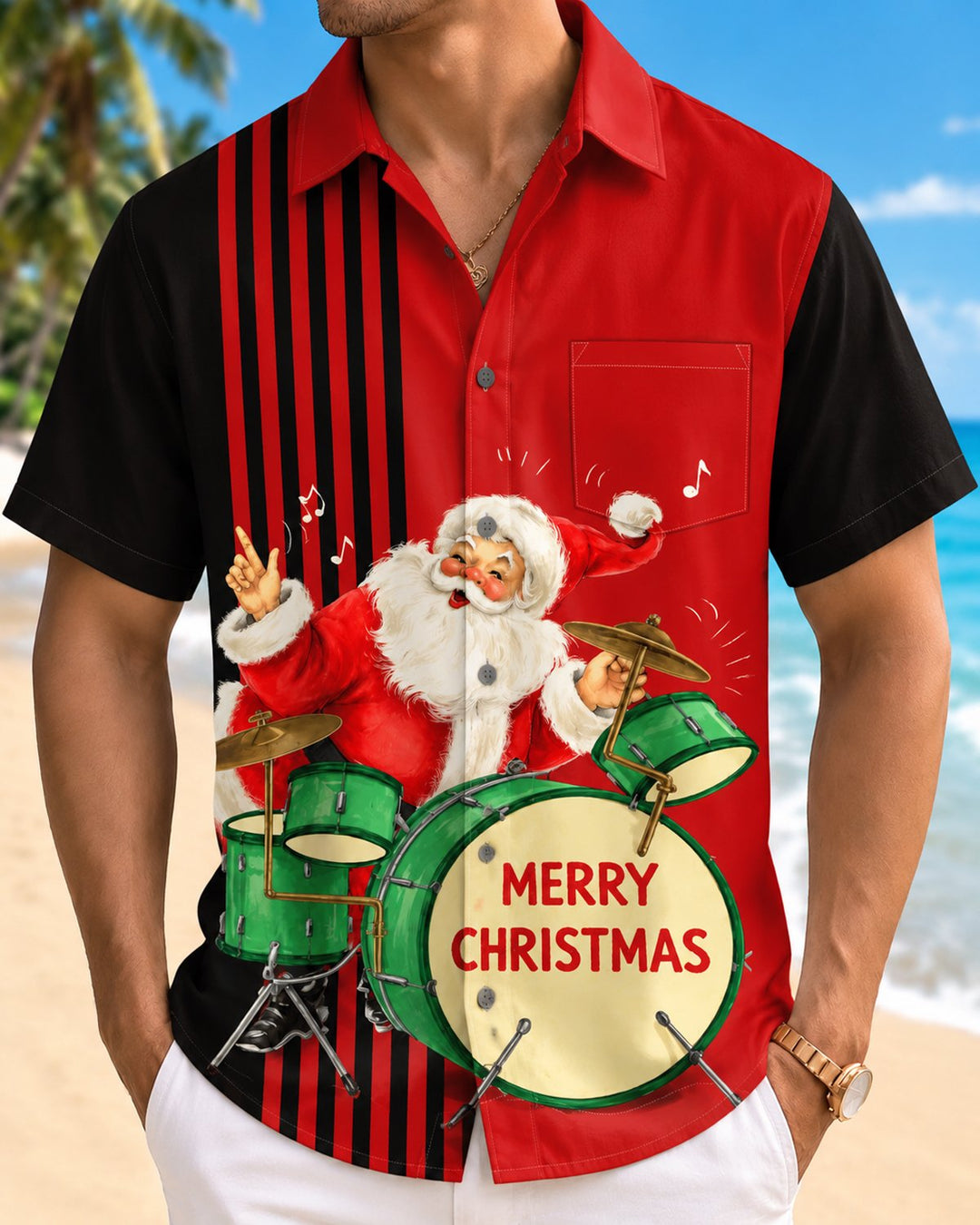 Alohadaddy® Holiday Christmas Santa Claus Musical Drum Striped Bowling Print Men&