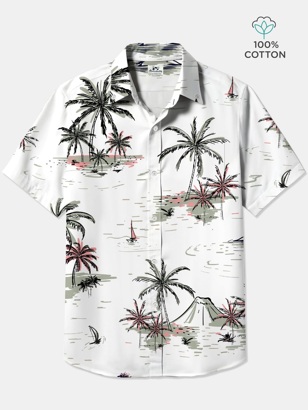 Alohadaddy Cotton Palm Tree Volcano Art Print Moisture Wicking Chest Pocket Oversized Stretch Hawaiian Short Sleeve Shirt