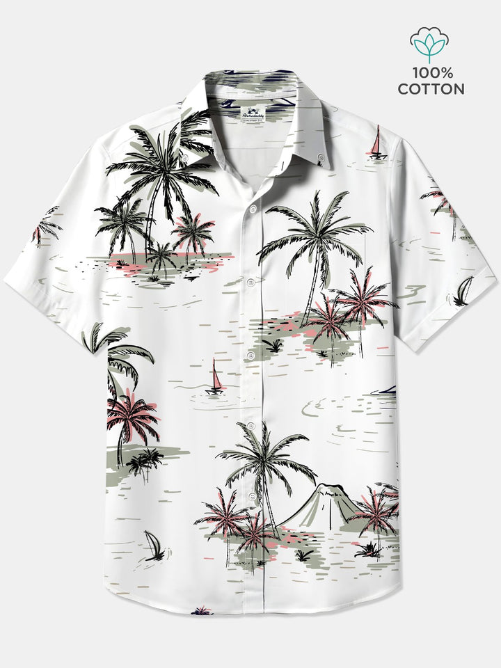 Alohadaddy Cotton Palm Tree Volcano Art Print Moisture Wicking Chest Pocket Oversized Stretch Hawaiian Short Sleeve Shirt