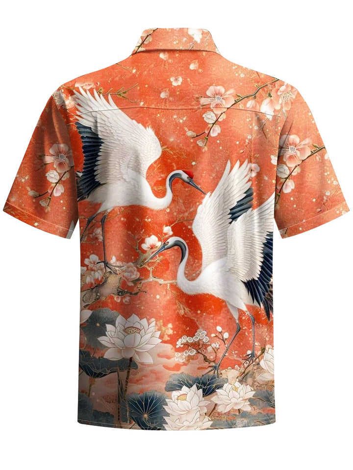 Alohadaddy® Vintage Crane Art Print Chest Pocket Moisture Wicking Men&