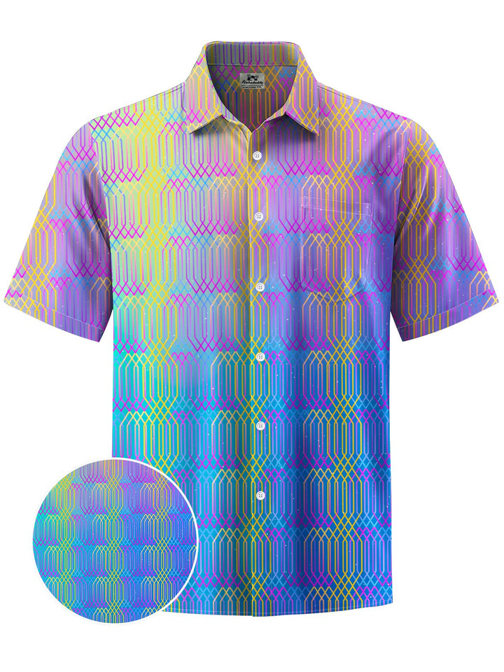 Alohadaddy® Casual Geometric Gradient Art Print Chest Pocket Mens Short Sleeve Shirt Big &amp; Tall