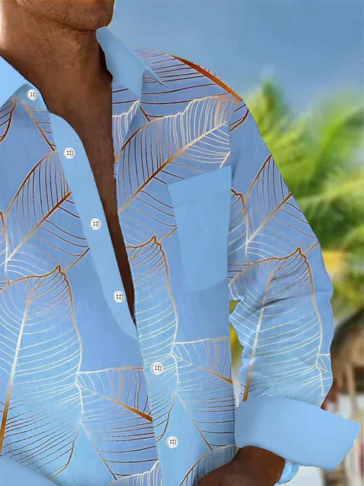 Alohadaddy® Hawaiian Leaves Art Print Chest Pocket Mens Long Sleeve Shirt Big &amp; Tall
