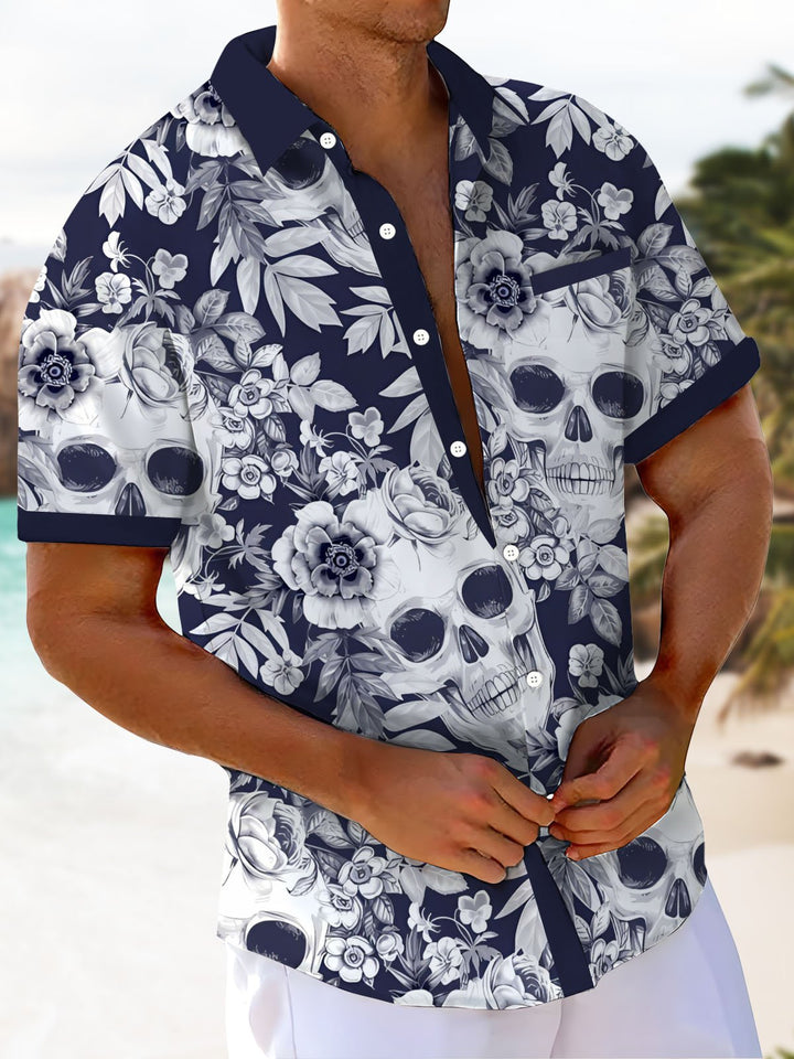 Alohadaddy® Hawaiian Skull Art Print Chest Pocket Mens Wicking Short Sleeve Shirt Big &amp; Tall