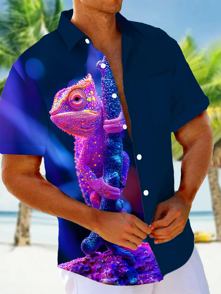 Alohadaddy® Hawaii Chameleon Art Print Chest Pocket Mens Short Sleeve Shirt Big &amp; Tall