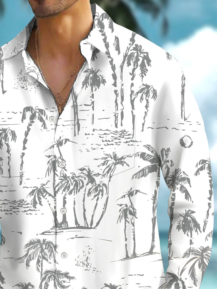 Alohadaddy® Casual Palm Tree Art Print Chest Pocket Stretch Men&