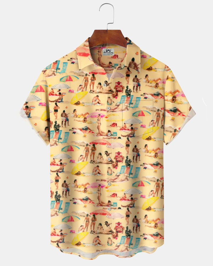 Alohadaddy® Vintage Beach Vacation Print Button Pocket Stretch Men&