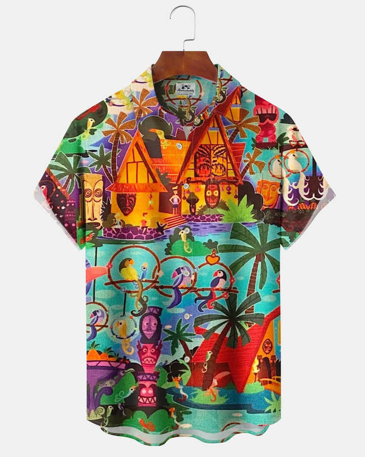 Alohadaddy® Hawaiian Tiki Guitar Print Art Pocket Button-Down Short-Sleeve Shirt for Men Big &amp; Tall