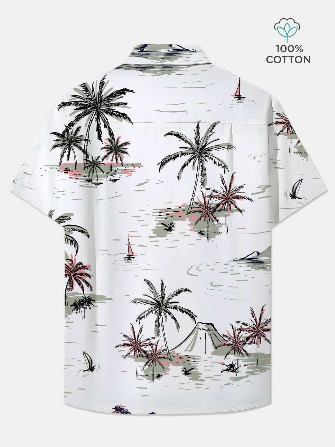 Alohadaddy Cotton Palm Tree Volcano Art Print Moisture Wicking Chest Pocket Oversized Stretch Hawaiian Short Sleeve Shirt