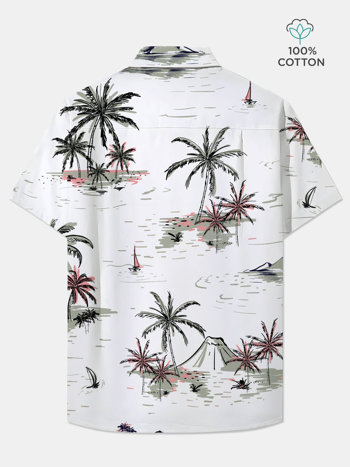 Alohadaddy Cotton Palm Tree Volcano Art Print Moisture Wicking Chest Pocket Oversized Stretch Hawaiian Short Sleeve Shirt