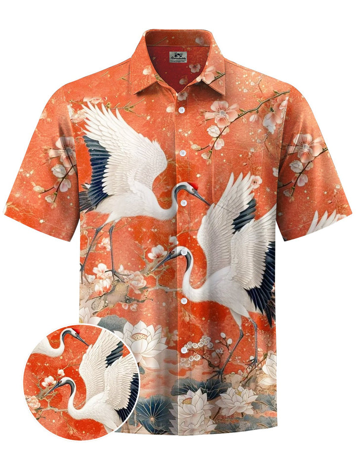 Alohadaddy® Vintage Crane Art Print Chest Pocket Moisture Wicking Men&