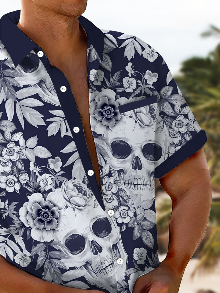 Alohadaddy® Hawaiian Skull Art Print Chest Pocket Mens Wicking Short Sleeve Shirt Big &amp; Tall