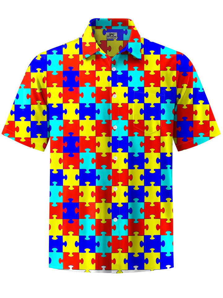 Alohadaddy® Casual Geometric Puzzle Art Print Chest Pocket Men&