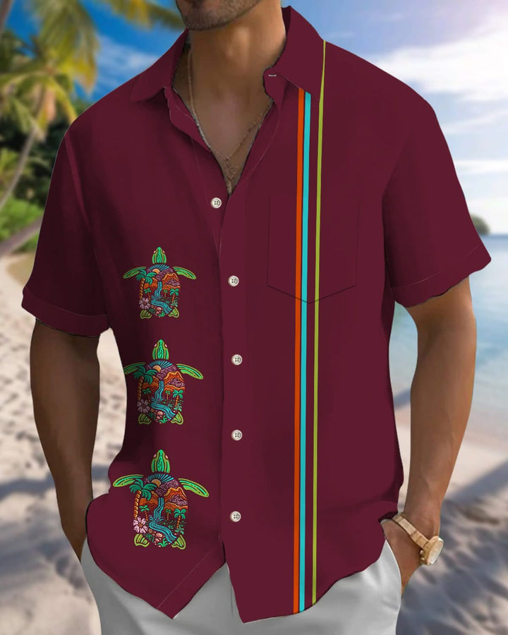 Alohadaddy® Vintage Stripes Turtle Arrangement Art Pocket Elastic Button Men&