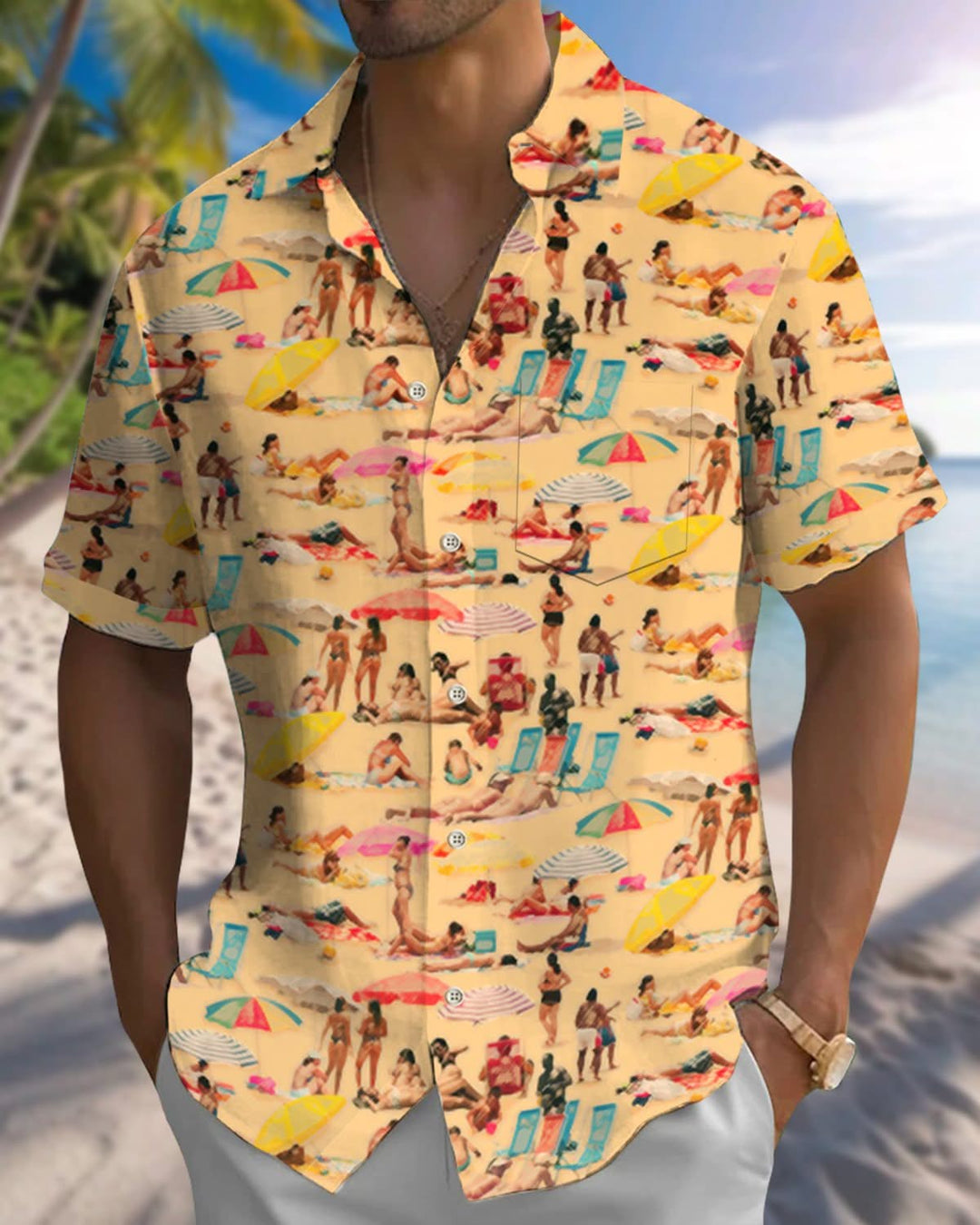Alohadaddy® Vintage Beach Vacation Print Button Pocket Stretch Men&