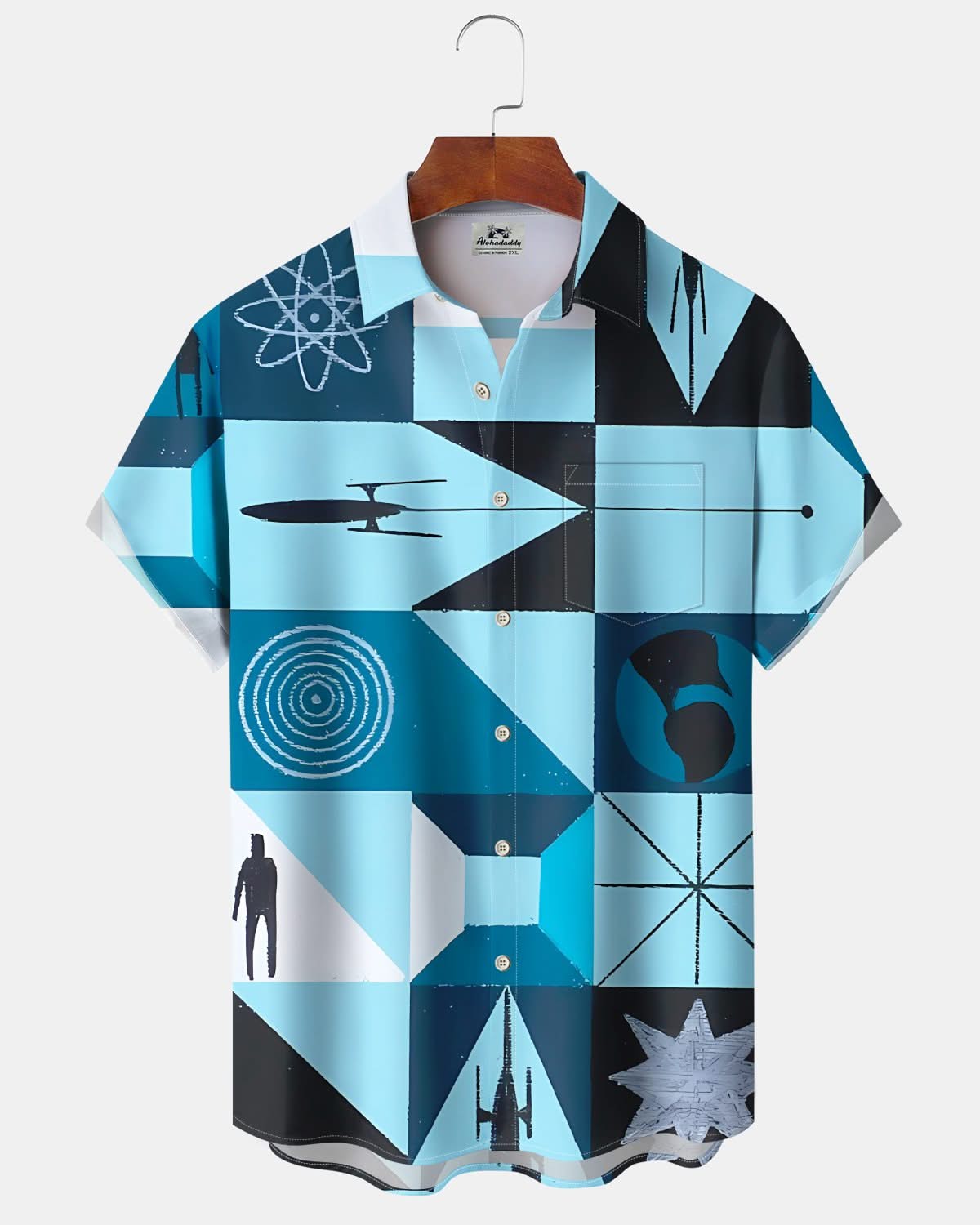 Alohadaddy® Vintage Geometric Art Print Pocket Elastic Button Men's Short Sleeve Shirt Big & Tall