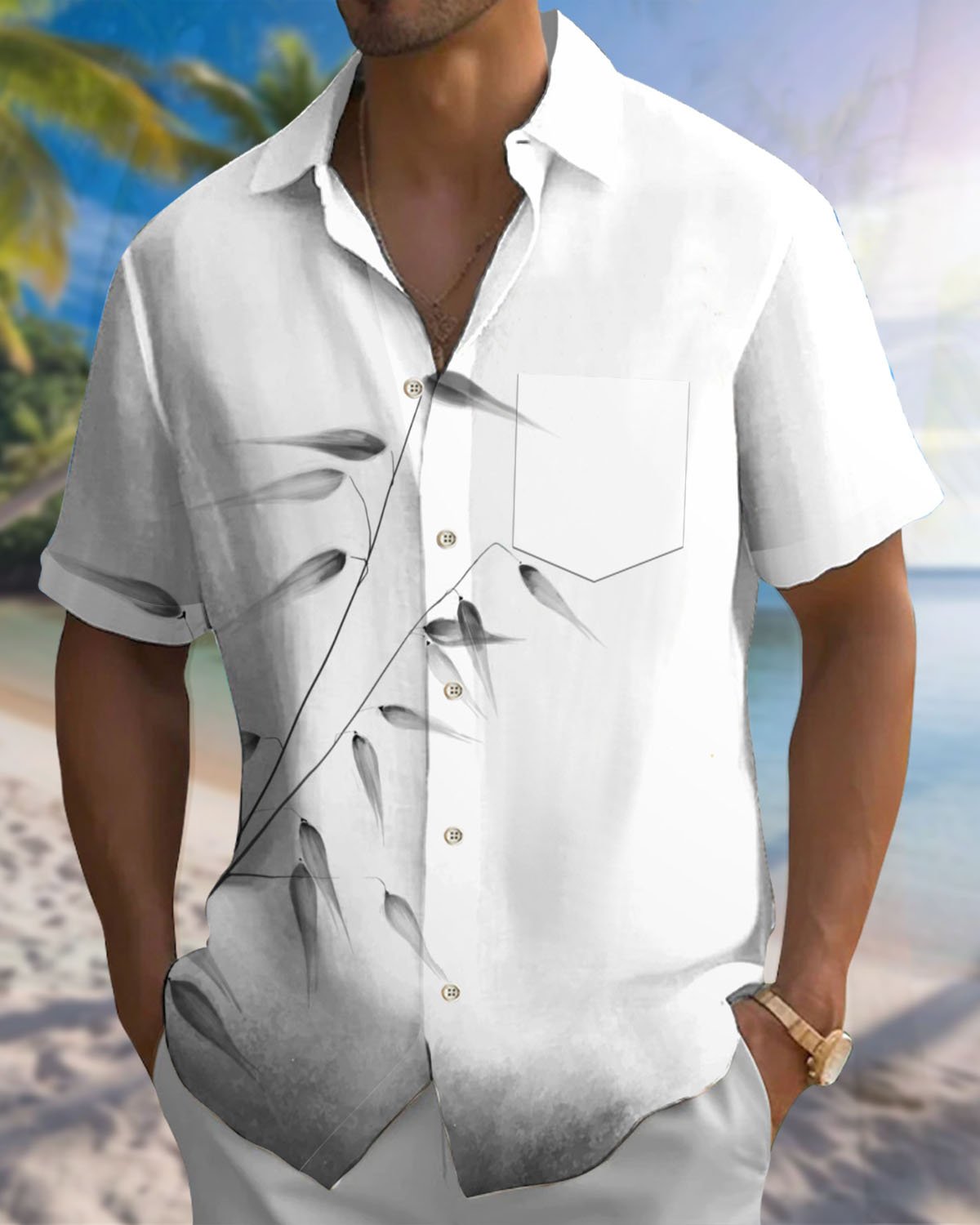 Alohadaddy® Hawaiian Bamboo Leaf Ink Painting Print Art Button Stretch Pocket Men's Short-Sleeve Shirt Big & Tall
