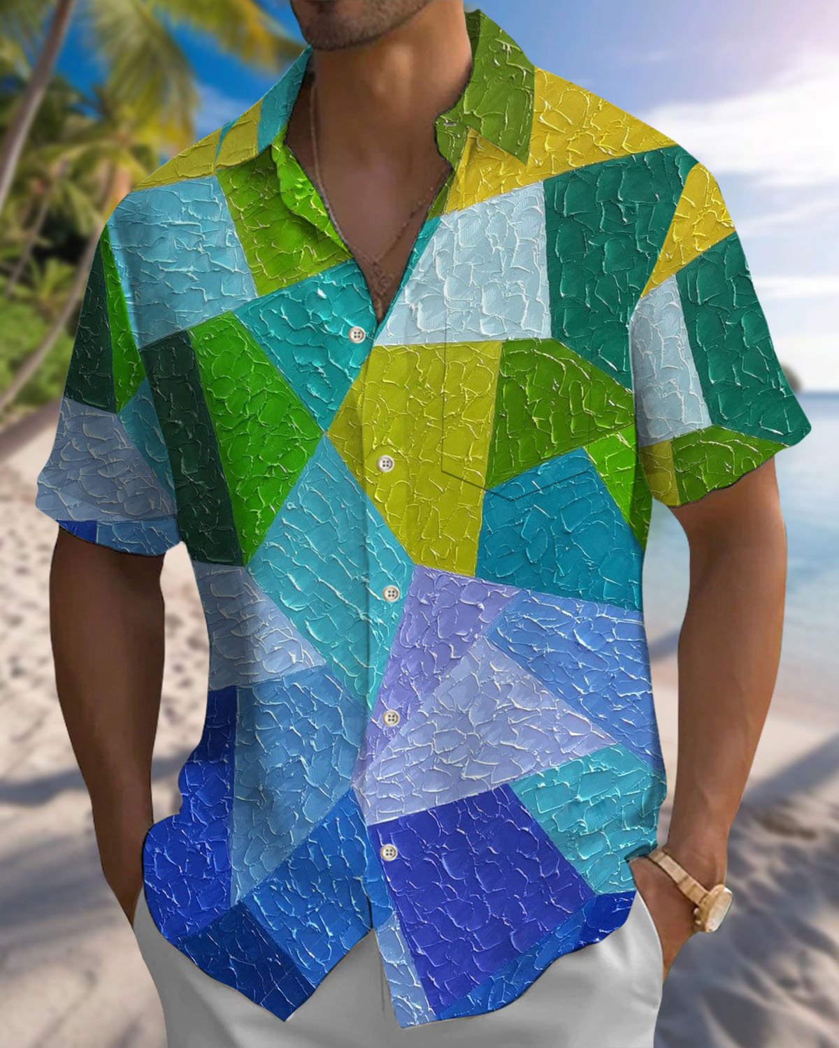 Alohadaddy® Casual Geometric Print Art Button Pocket Cardigan Men's Short Sleeve Shirt & Tall