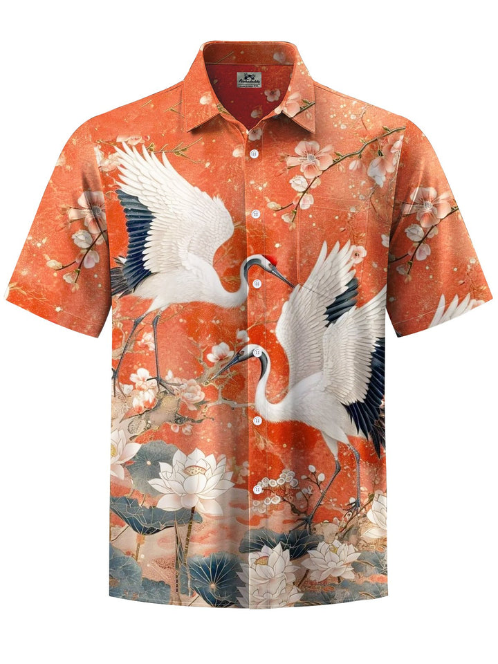 Alohadaddy® Vintage Crane Art Print Chest Pocket Moisture Wicking Men&
