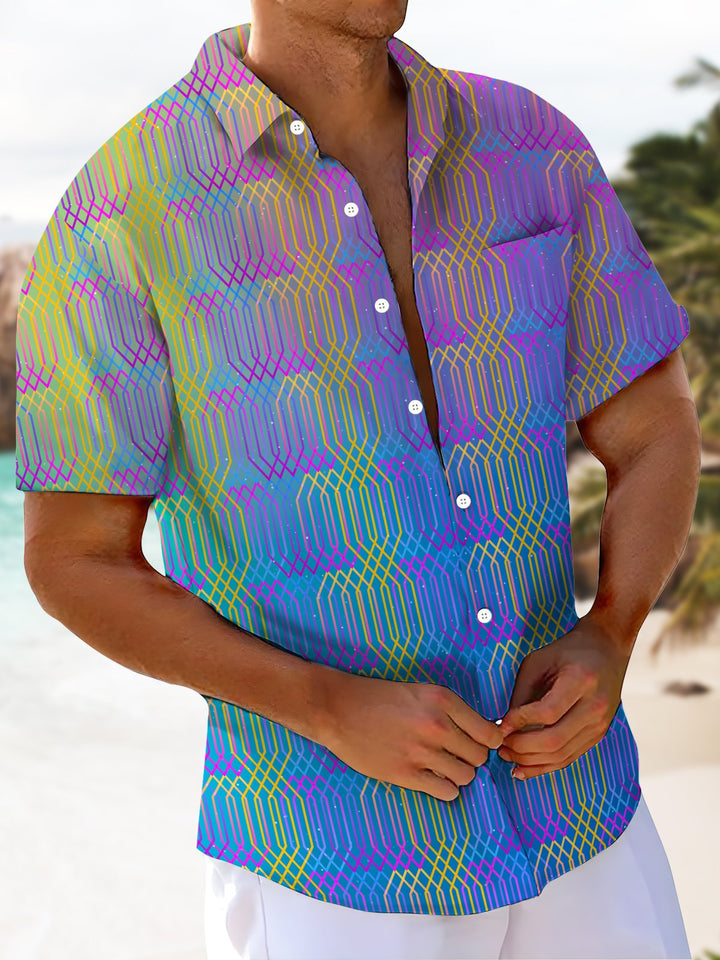 Alohadaddy® Casual Geometric Gradient Art Print Chest Pocket Mens Short Sleeve Shirt Big &amp; Tall