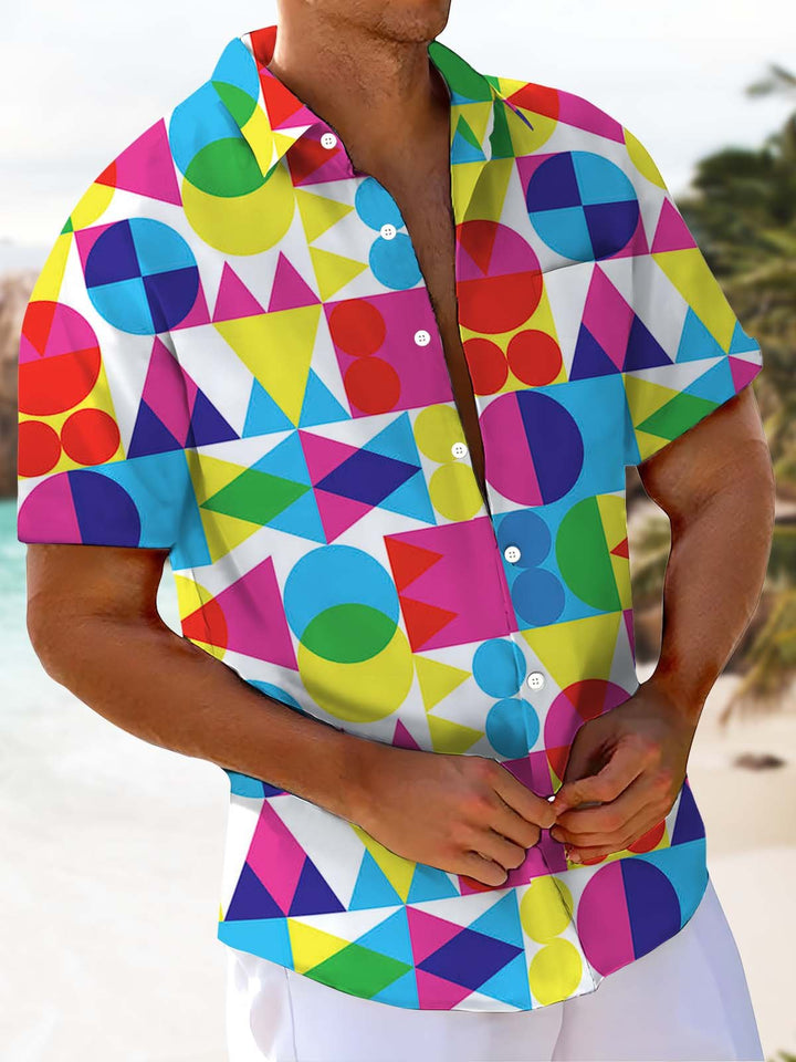 Alohadaddy® Casual Geometric Art Print Chest Pocket Stretch Men&