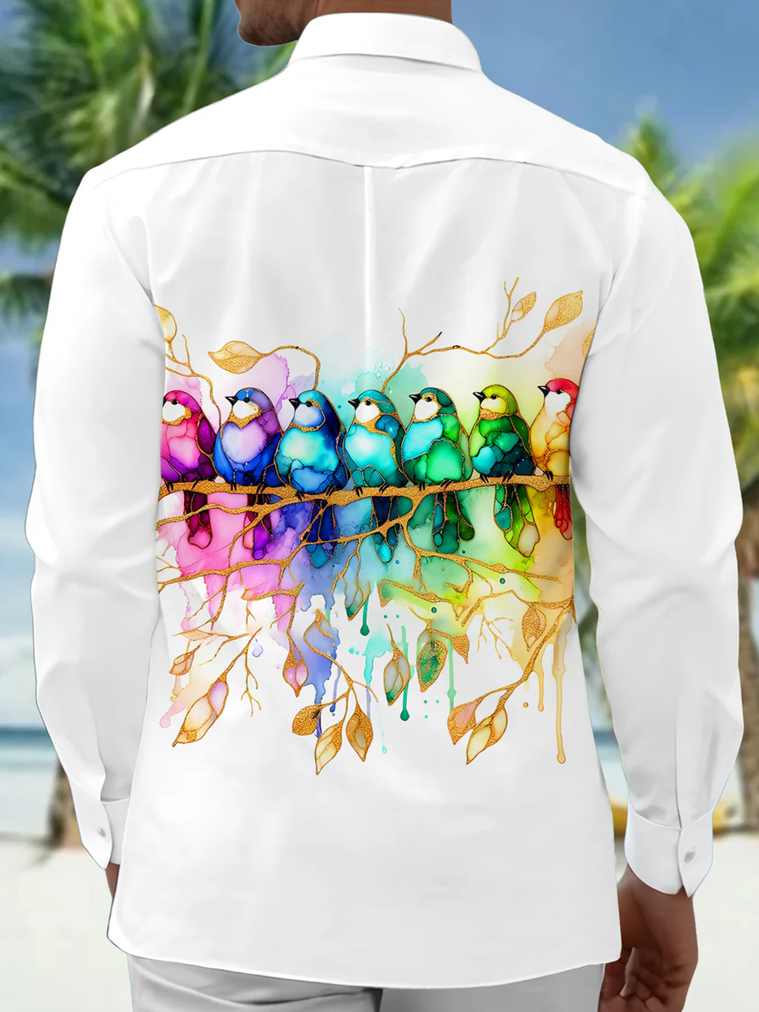 Alohadaddy® Casual Watercolor Bird Print Pocket Button Stretch Men&