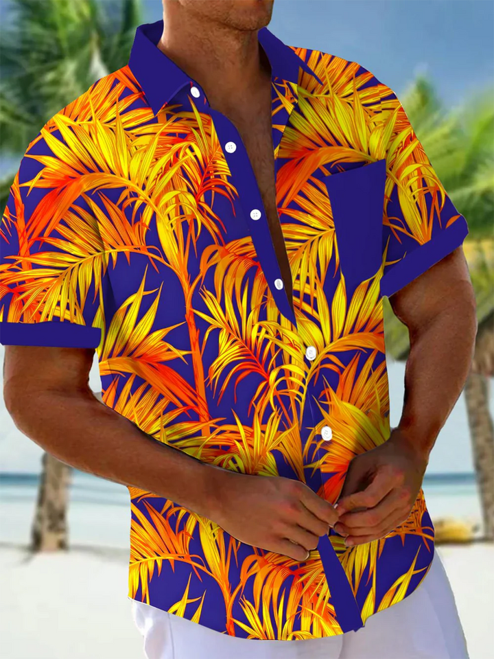Alohadaddy® Hawaiian Palm Leaves Contrast Art Print Chest Pocket Mens Short Sleeve Shirts Big &amp; Tall