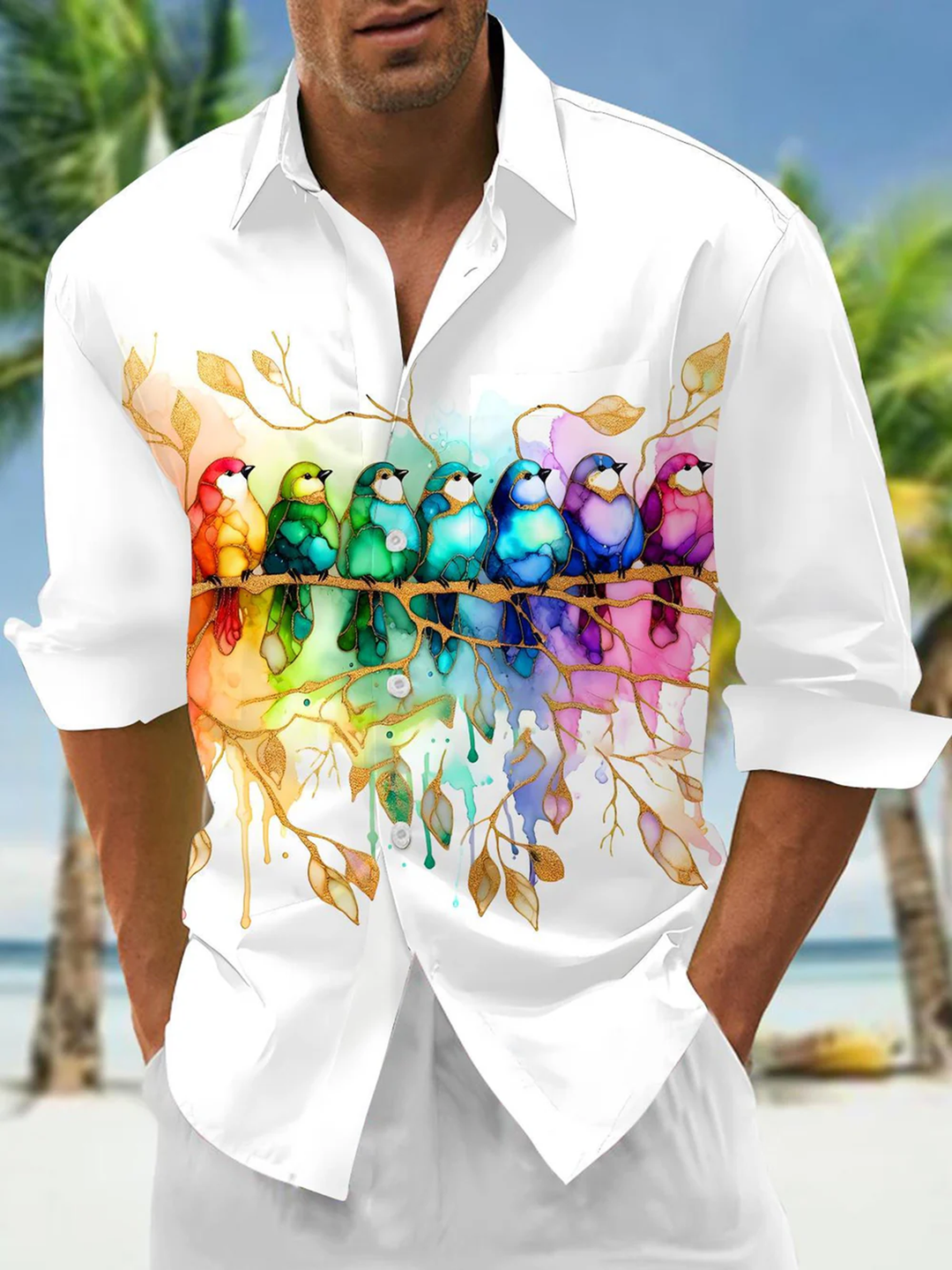 Alohadaddy® Casual Watercolor Bird Print Pocket Button Stretch Men&