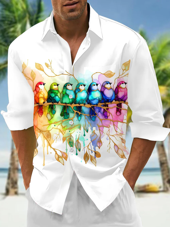 Alohadaddy® Casual Watercolor Bird Print Pocket Button Stretch Men&