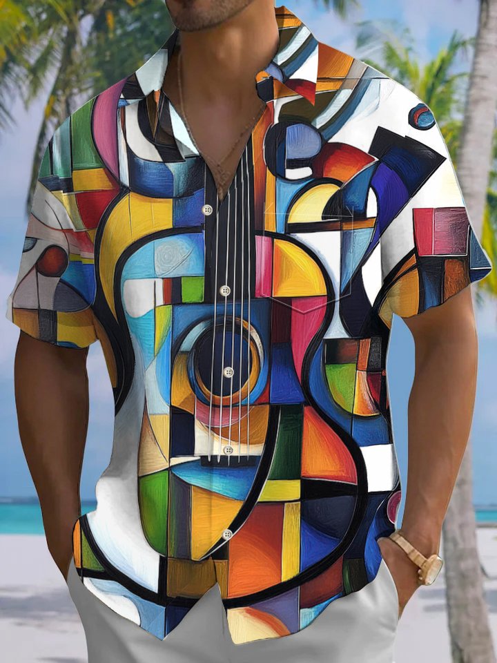 Alohadaddy® Vintage Geometric Guitar Print Art Chest Pocket Men&