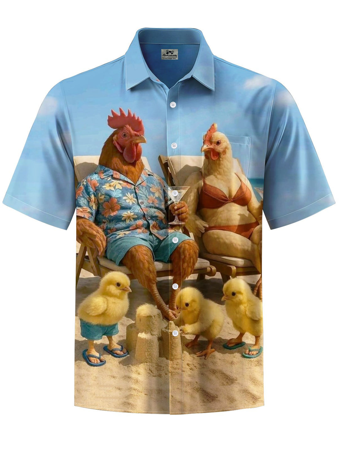 Alohadaddy® Hawaiian Chicken Vacation Art Print Chest Pocket Moisture Wicking Men&
