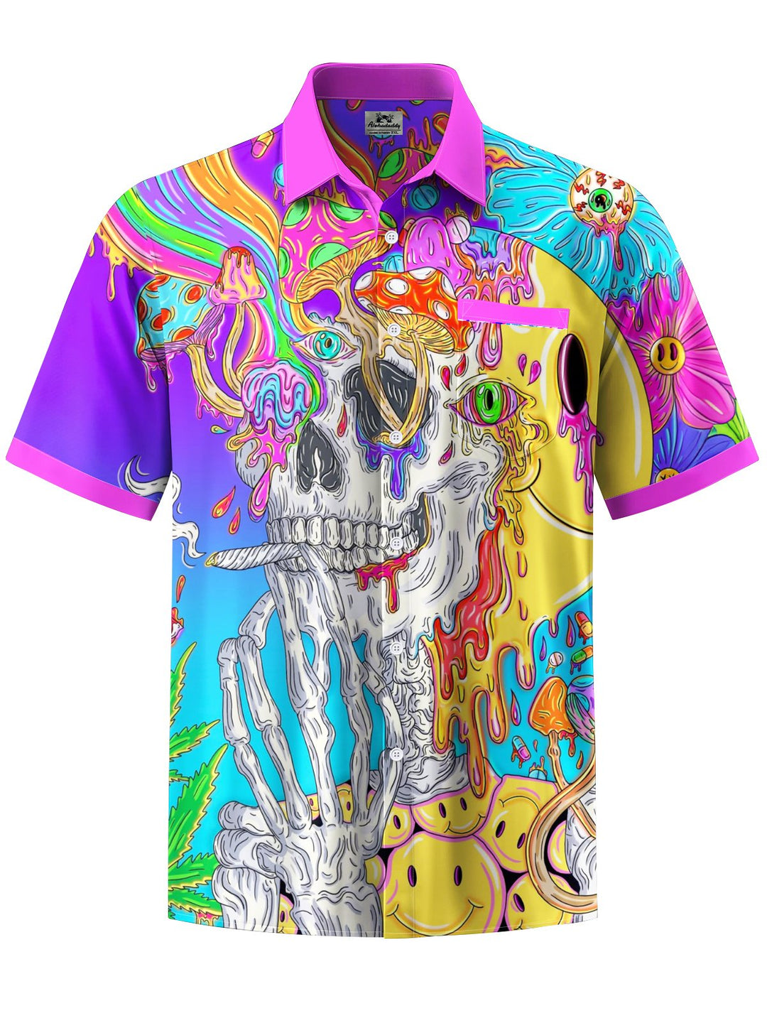 Alohadaddy® Hawaiian Skull Contrast Art Print Chest Pocket Mens Short Sleeve Shirt Big &amp; Tall
