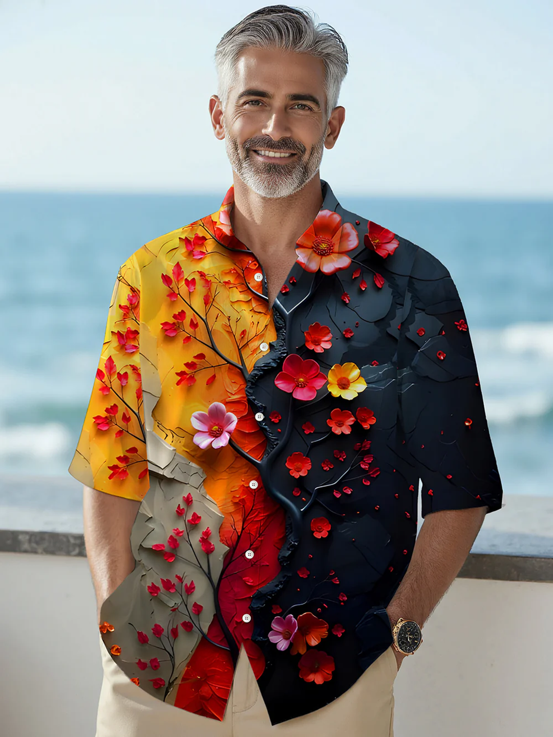 Alohadaddy® Casual Vintage Contrast Floral Art Print Chest Pocket Men&
