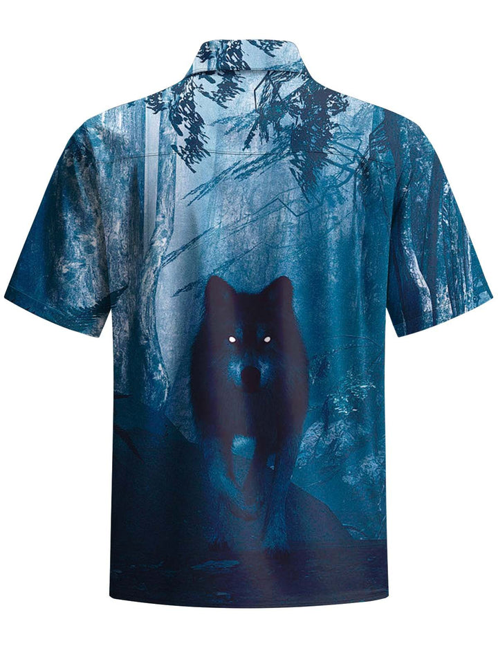 Alohadaddy® Casual Wolf Print Art Chest Pocket Stretch Men&