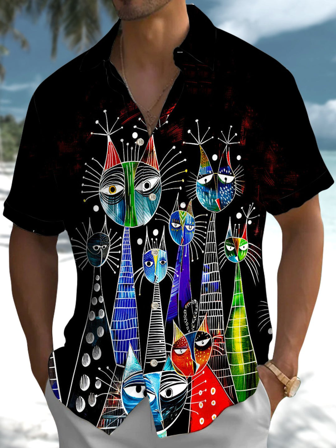 Alohadaddy® Casual Graffiti Cat Print Art Pocket Stretch Men&