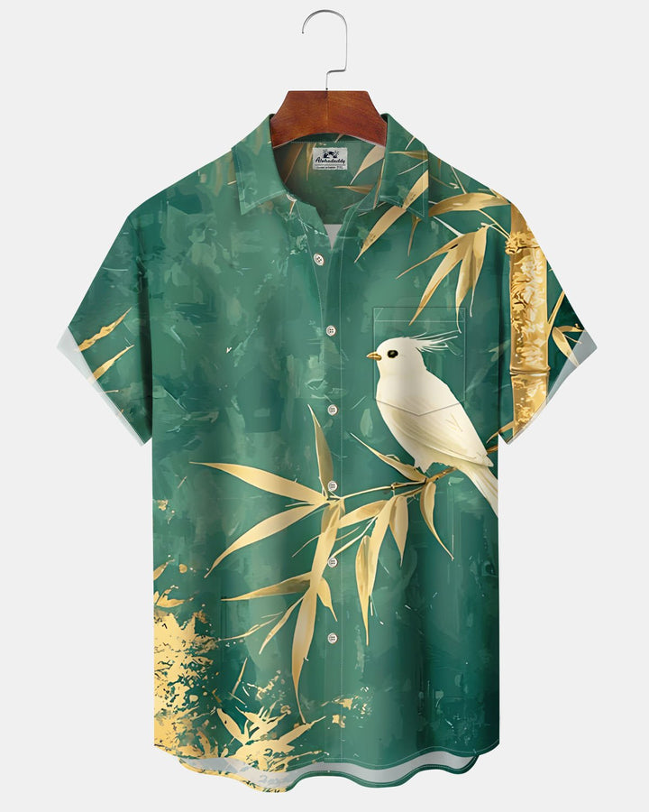 Alohadaddy® Hawaiian Bamboo and Bird Print Art Pocket Button-Down Short-Sleeve Shirt for Men Big &amp; Tall