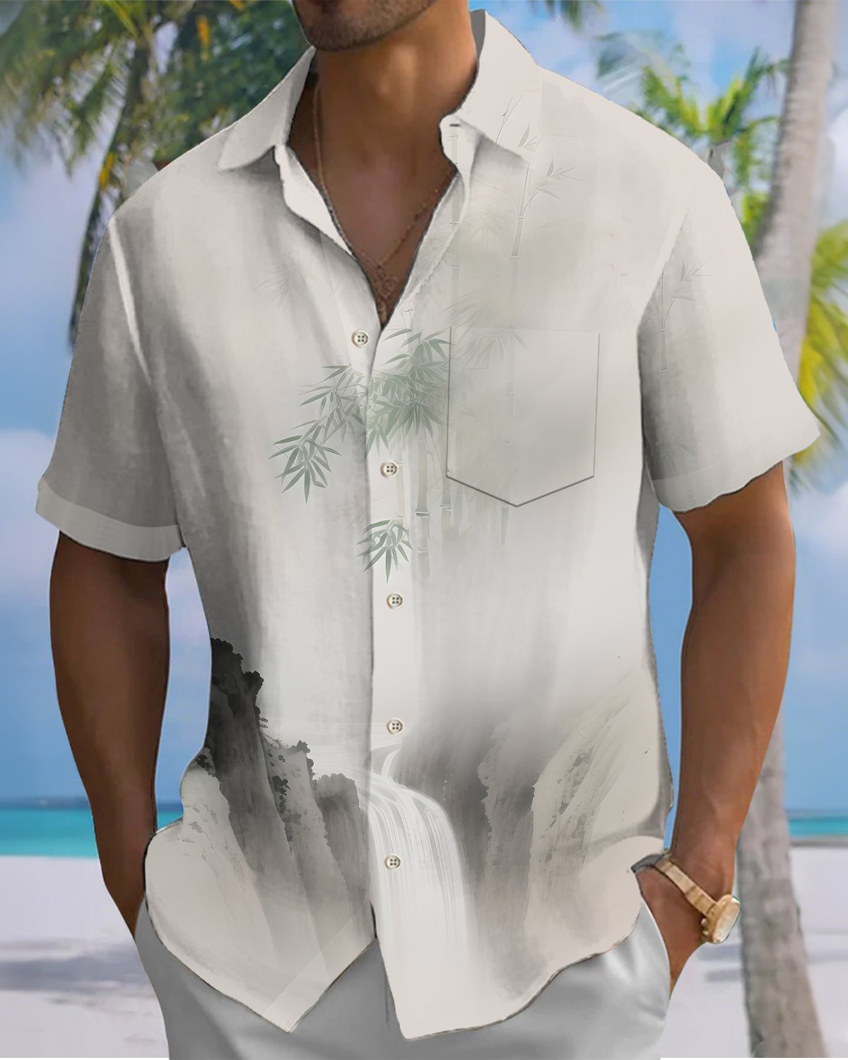 Alohadaddy® Casual Bamboo Print Artistic Button Pocket Cardigan Men's Short Sleeve Shirt Big & Tall