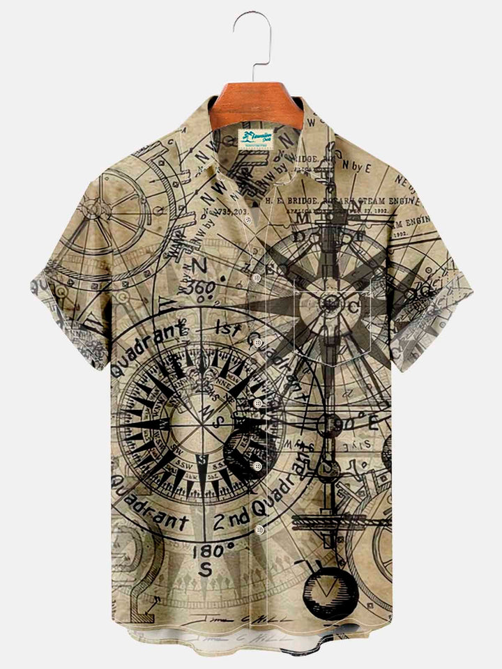 Alohadaddy Vintage Navigation Map Compass Print Chest Bag Shirt Plus Size Shirt