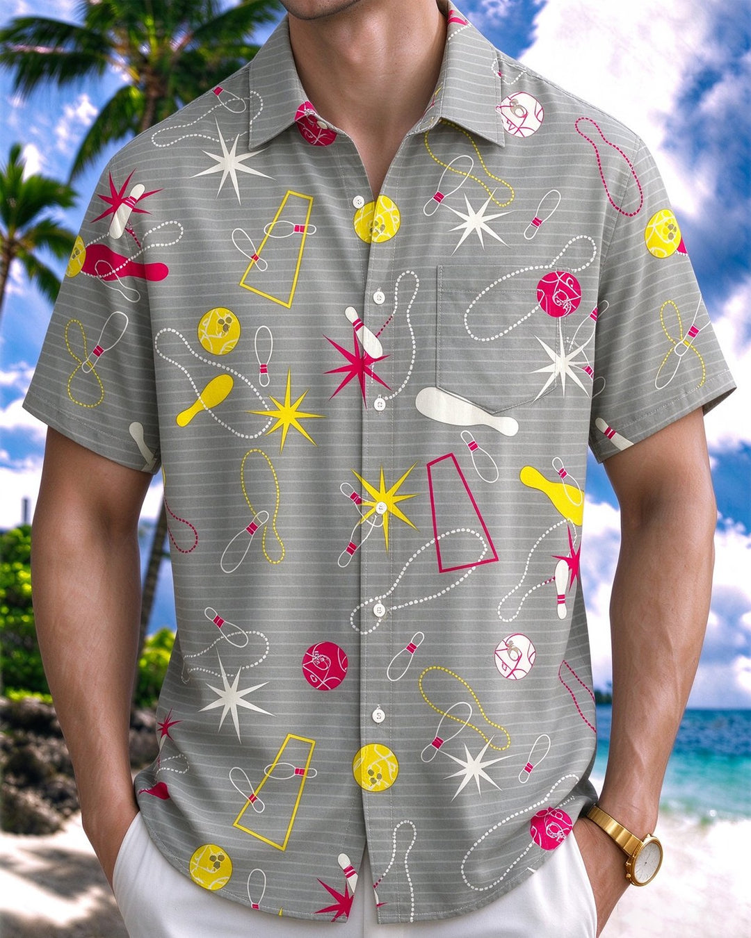 Alohadaddy® Men’s Short-Sleeve Casual Bowling Shirt with Geometric Print