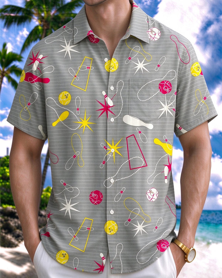 Alohadaddy® Men’s Short-Sleeve Casual Bowling Shirt with Geometric Print