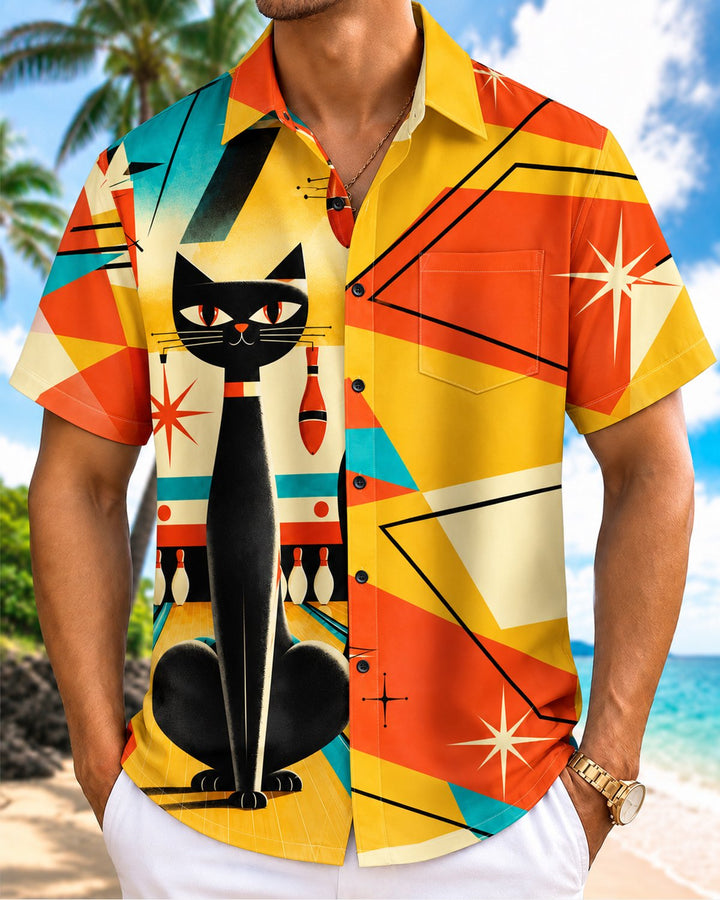 Alohadaddy® Retro Casual Geometric Atomic Cat Art Print Men&