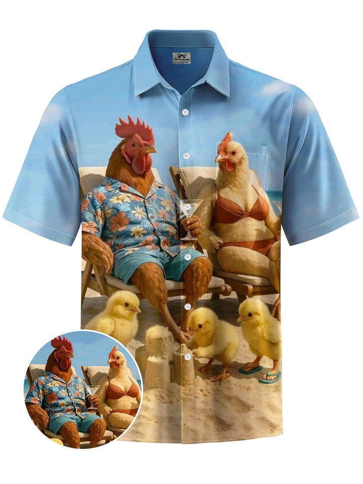 Alohadaddy® Hawaiian Chicken Vacation Art Print Chest Pocket Moisture Wicking Men&