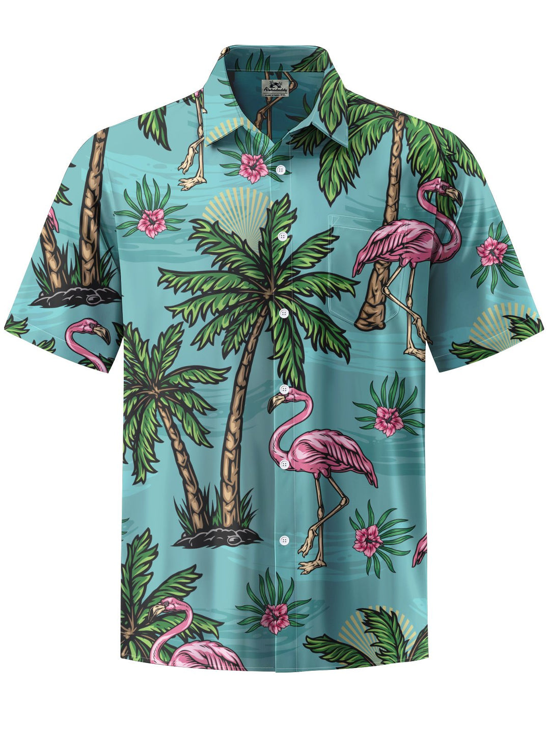 Alohadaddy® Hawaiian Palm Tree Flamingo Art Print Chest Pocket Mens Short Sleeve Shirts Big &amp; Tall
