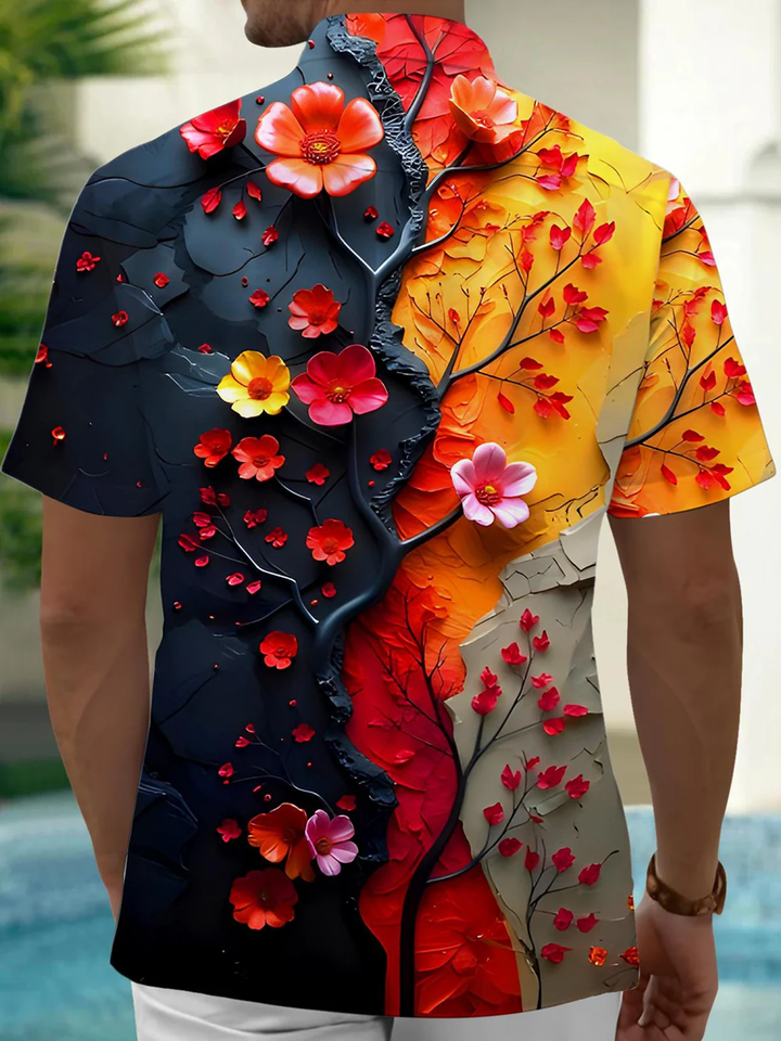 Alohadaddy® Casual Vintage Contrast Floral Art Print Chest Pocket Men&