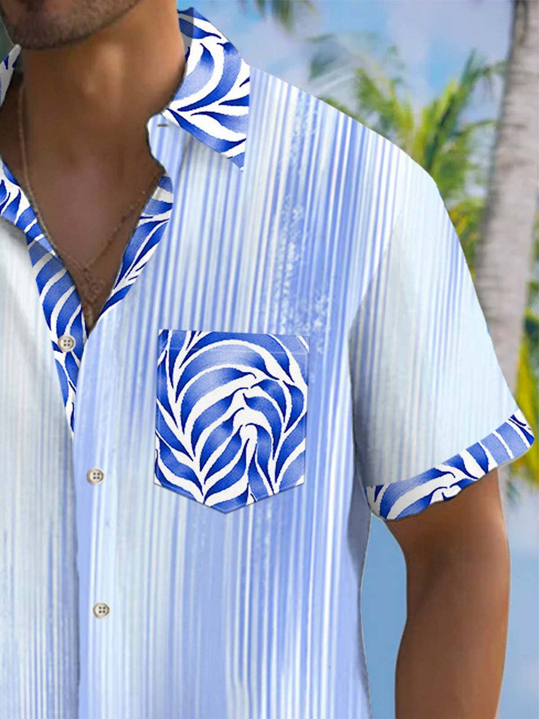 Alohadaddy® Casual Striped Contrast Leaf Art Print Chest Pocket Men&