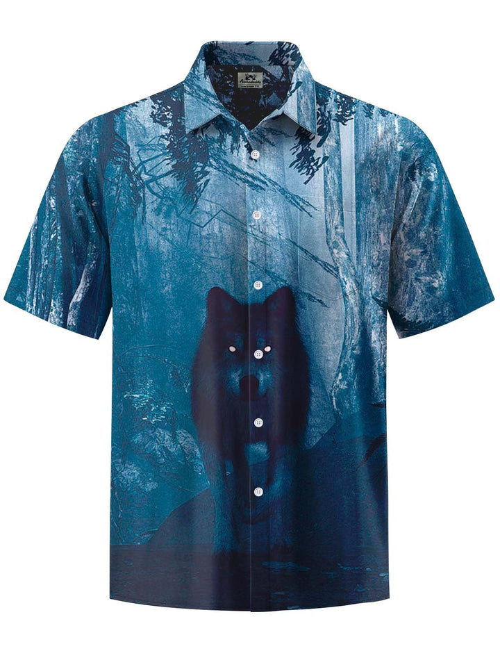 Alohadaddy® Casual Wolf Print Art Chest Pocket Stretch Men&
